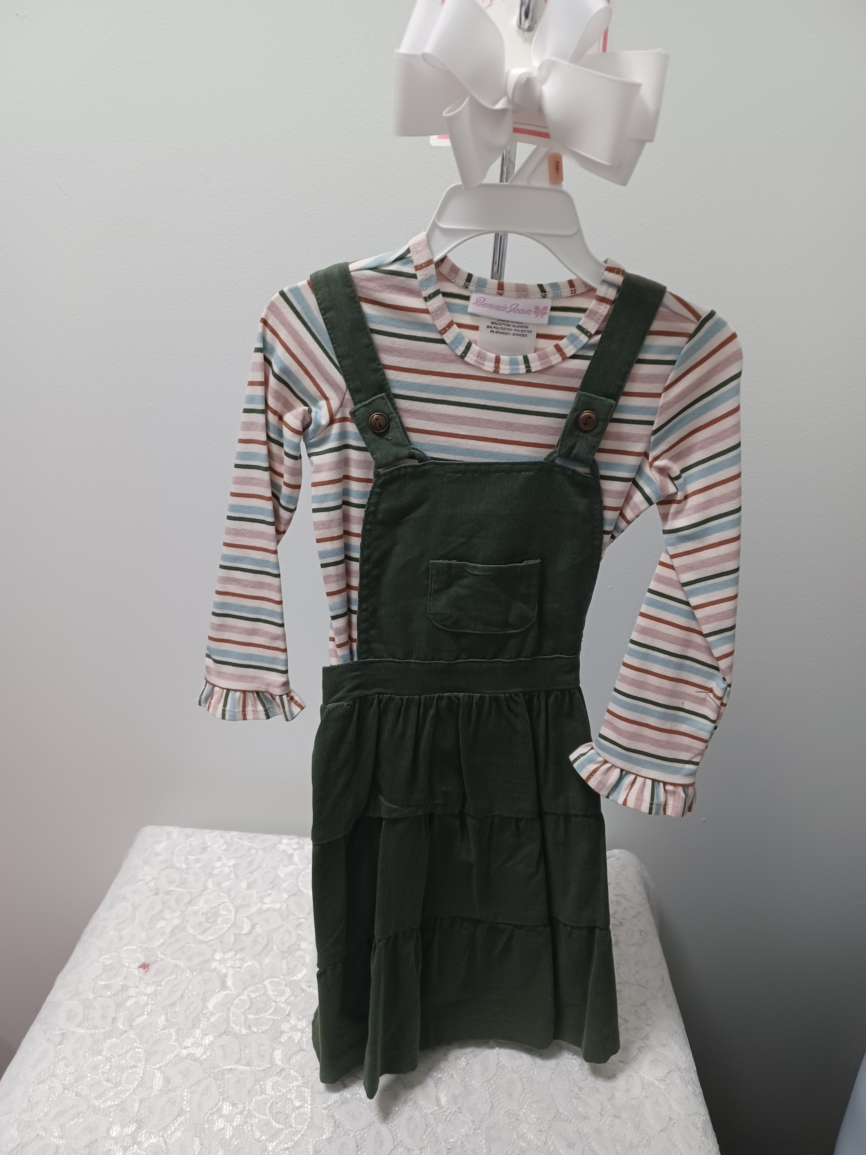 Girls Green Corduroy Jumper With Stripe Blouse